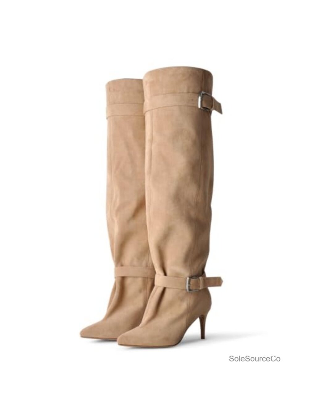 Slouch Knee High Boots Kitten Heel Pointed Toe Suede Belted Fashion Boot